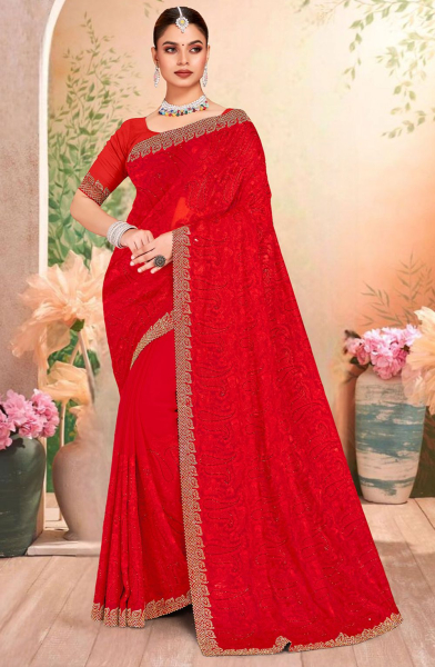Hot Red Resham Embroidered Georgette Saree