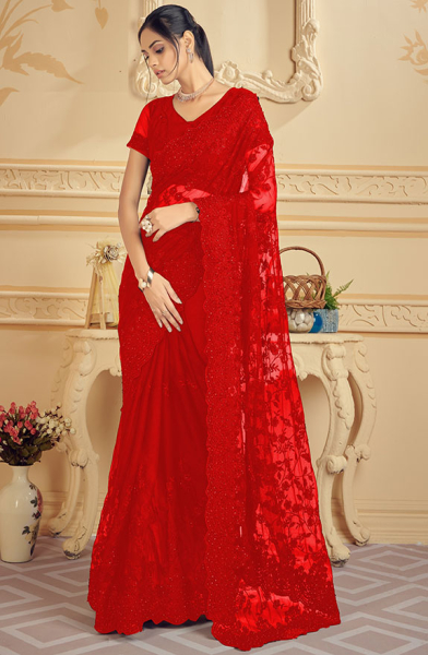Hot Red Resham Embroidered Net Saree