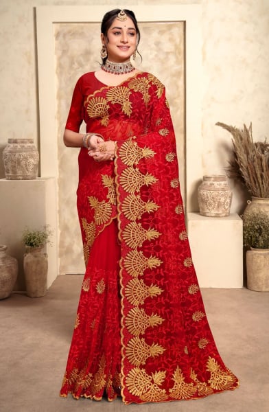 Hot Red Resham Embroidered Net Saree