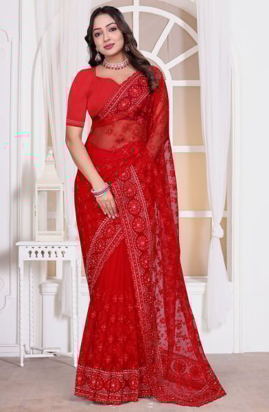 Hot Red Resham Embroidered Net Saree