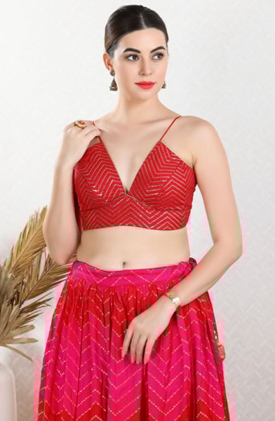 Hot Red Sequins Embroidered Art Silk Blouse