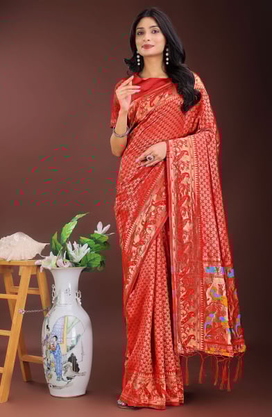 Hot Red Silk Saree with Jacquard Work