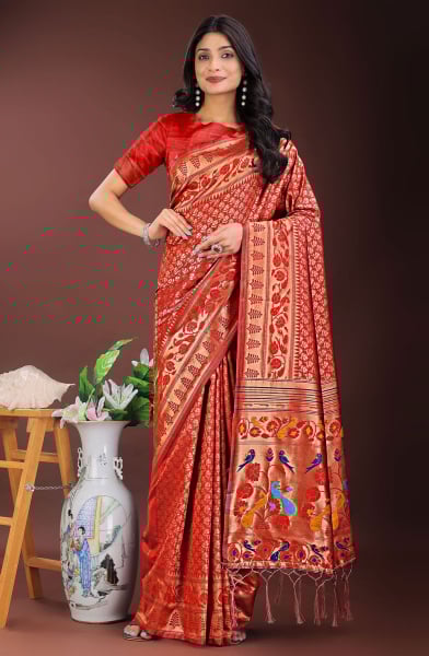 Hot Red Silk Saree with Jacquard Work