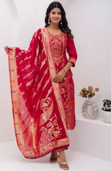 Hot Red Woven Jacquard Silk Readymade Suit