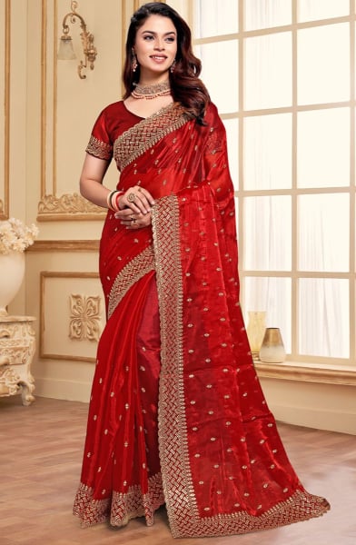 Hot Red Zari Embroidered Burberry Silk Saree