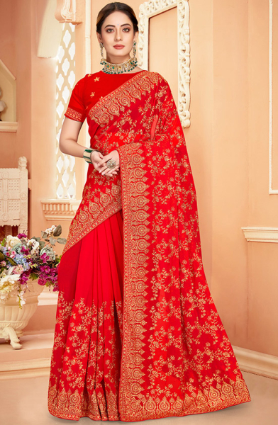 Hot Red Zari Embroidered Georgette Saree