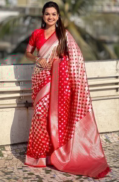 Hot Red Zari Woven Banarasi Silk Saree