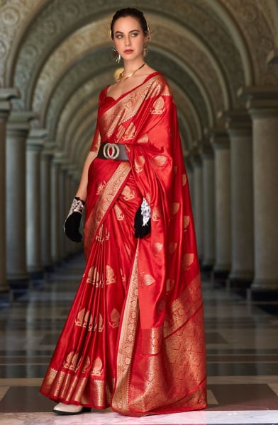 Hot Red Zari Woven Munga Silk Saree