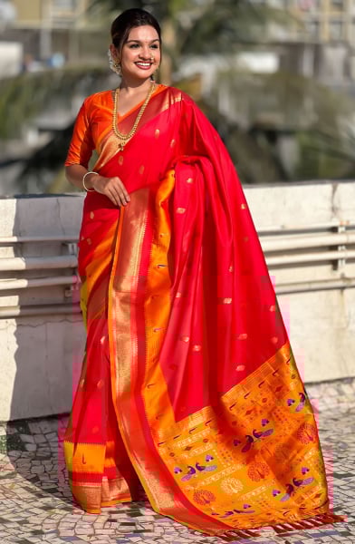 Hot Red Zari Woven Paithani Silk Saree