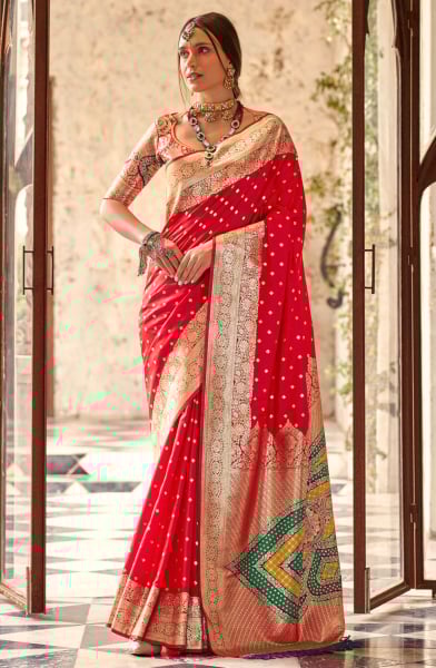 Hot Red Zari Woven Soft Silk Saree