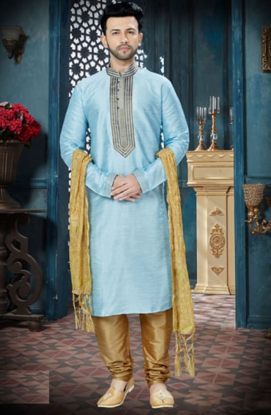 Ice Blue Art Dupion Designer Kurta Set