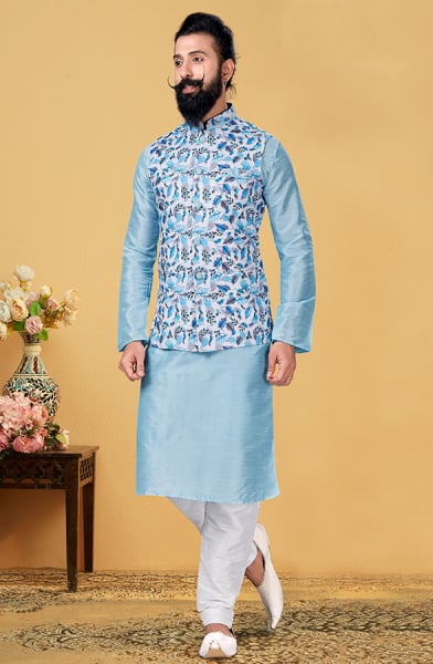 Ice Blue Dupion Silk Kurta Set with Cotton Jacket