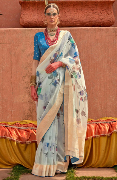 Ice Blue Embellished Floral Print Organza Silk Saree
