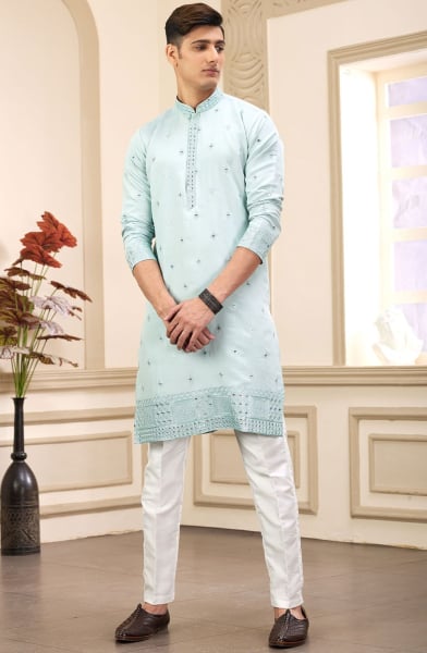 Ice Blue Embroidered Art Silk Kurta Set