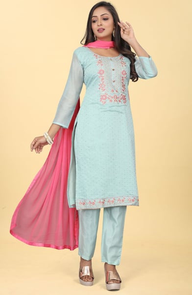 Ice Blue Embroidered Chanderi Silk Pant Kameez