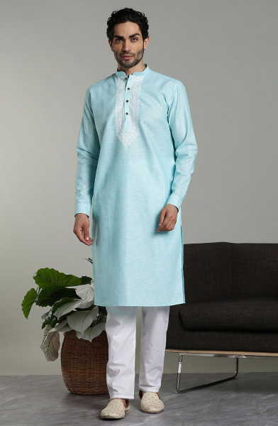 Ice Blue Embroidered Cotton Linen Kurta Set