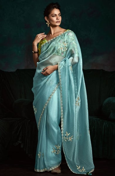 Ice Blue Embroidered Designer Saree for Wedding