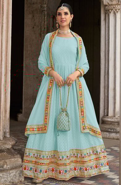 Ice Blue Embroidered Georgette Anarkali Suit for Festival