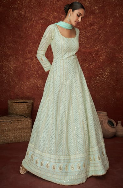 Ice Blue Embroidered Georgette Anarkali Suit for Festival