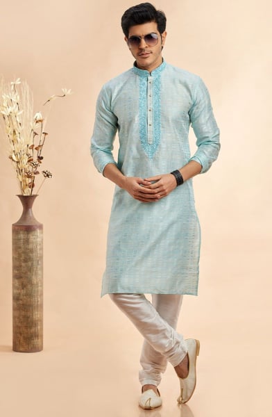 Ice Blue Embroidered Jacquard Art Silk Kurta Set