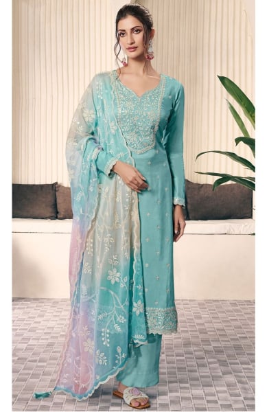 Ice Blue Embroidered Moonga Silk Pant Kameez