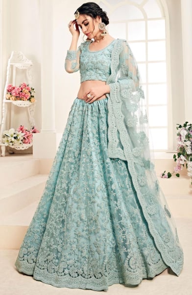 Ice Blue Embroidered Net Designer Bridal Lehenga Choli