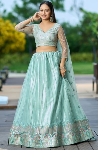 Ice Blue Embroidered Net Lehenga Choli