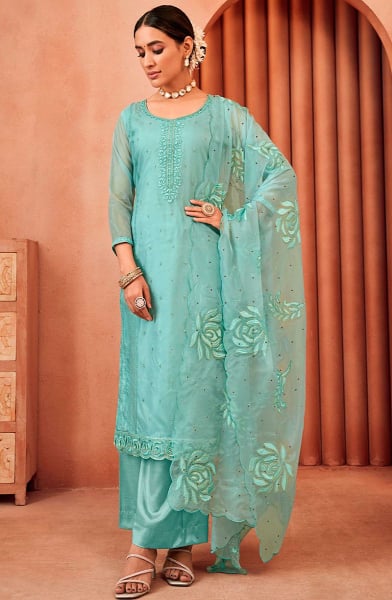 Ice Blue Embroidered Organza Pant Kameez