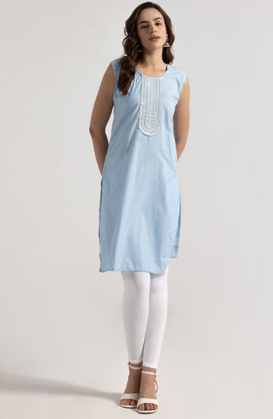 Ice Blue Embroidered Rayon Kurti