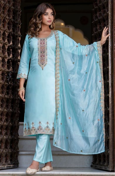 Ice Blue Embroidered Silk Blend Readymade Suit