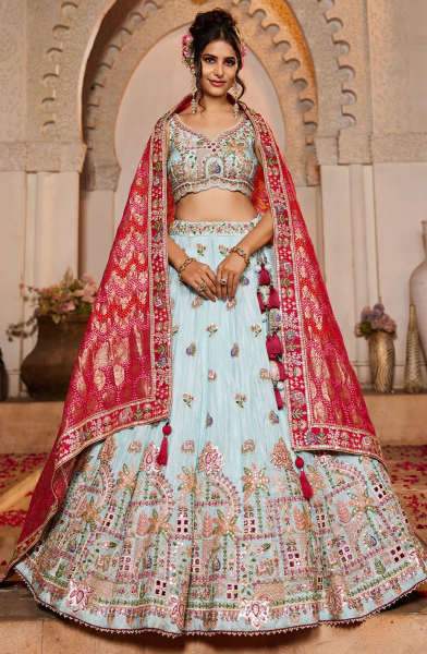 Ice Blue Embroidered Tissue Designer Bridal Lehenga Set