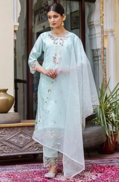 Ice Blue Embroidered Viscose Roman Silk Readymade Suit