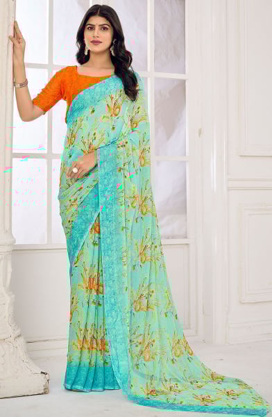 Ice Blue Floral Print Chiffon Saree