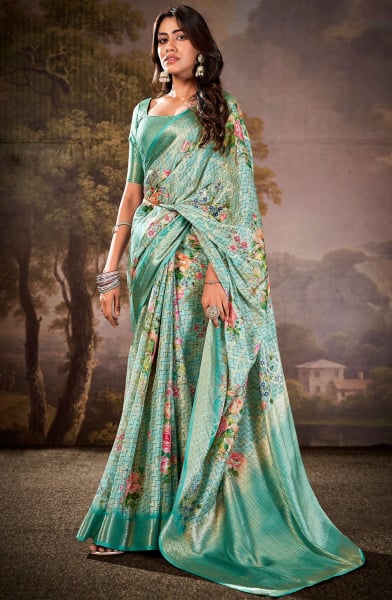 Ice Blue Floral Print Cotton Silk Saree