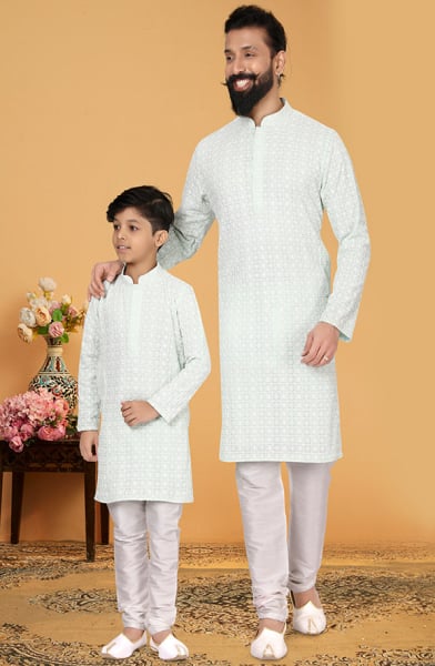 Ice Blue Georgette Father Son Kurta Set Combo