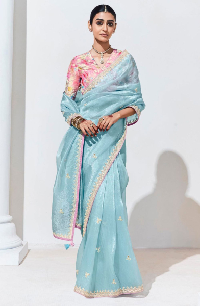 Ice Blue Hand Embellished Organza Saree