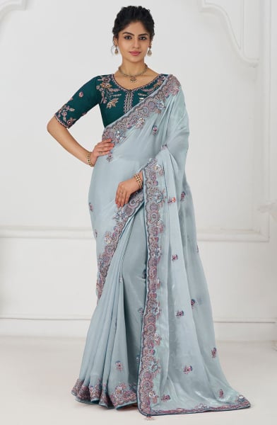 Ice Blue Handwork Pure Fendy Silk Designer Saree