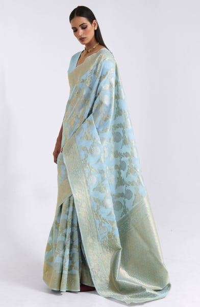 Ice Blue Linen Saree with Zari Weaving