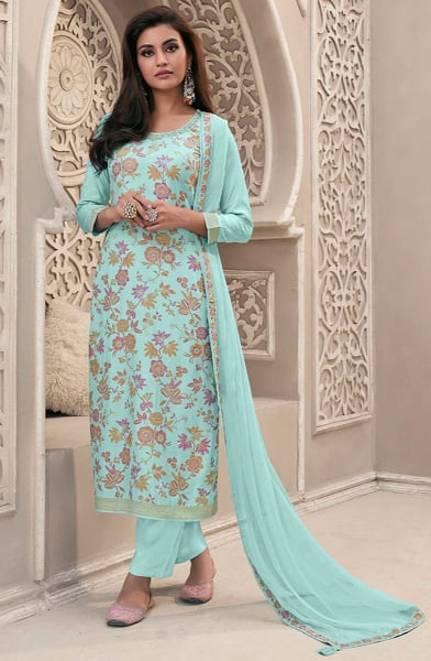 Ice Blue Meena Jacquard Colour Floral Kurta Set