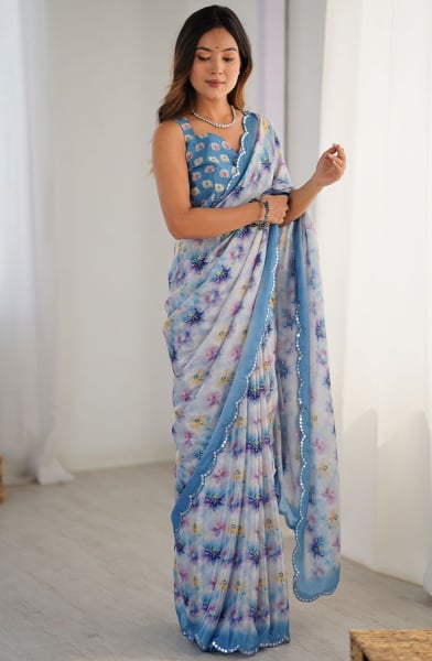 Ice Blue Printed Chinnon Casual Saree