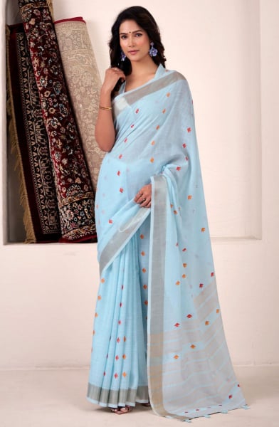 Ice Blue Printed Linen Silk Saree