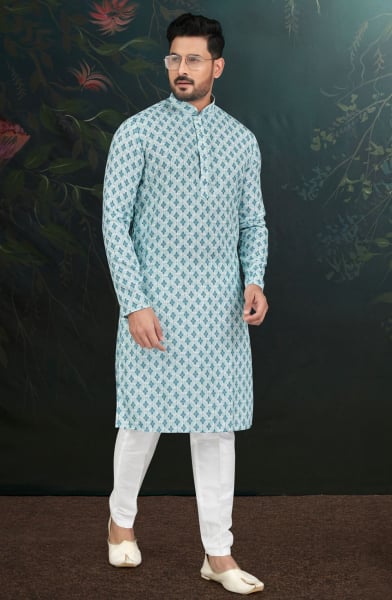 Ice Blue Printed Rayon Kurta