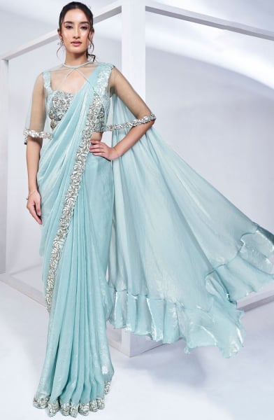 Ice Blue Pure Khatli Work Designer Ready to Wear Saree