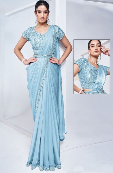 Ice Blue Pure Khatli Work Designer Ready to Wear Saree