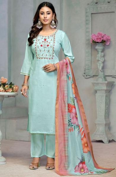 Ice Blue Rayon Cotton Readymade Pant Kameez