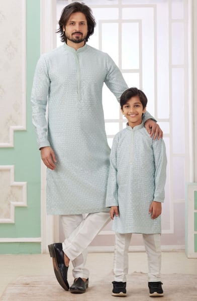 Ice Blue Sequins Embroidered Art Silk Kurta Set Combo