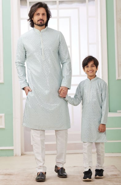 Ice Blue Sequins Embroidered Art Silk Kurta Set Combo