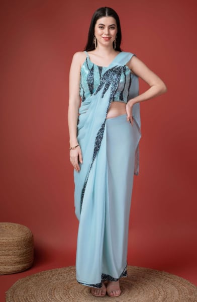 Ice Blue Silk Satin Ready to Wear Saree for Party