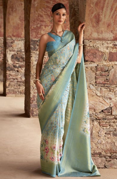 Ice Blue Woven Zari Butti Tussar Silk Saree