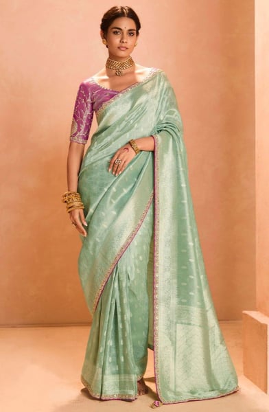 Ice Blue Zari Tissue Silk Designer Saree